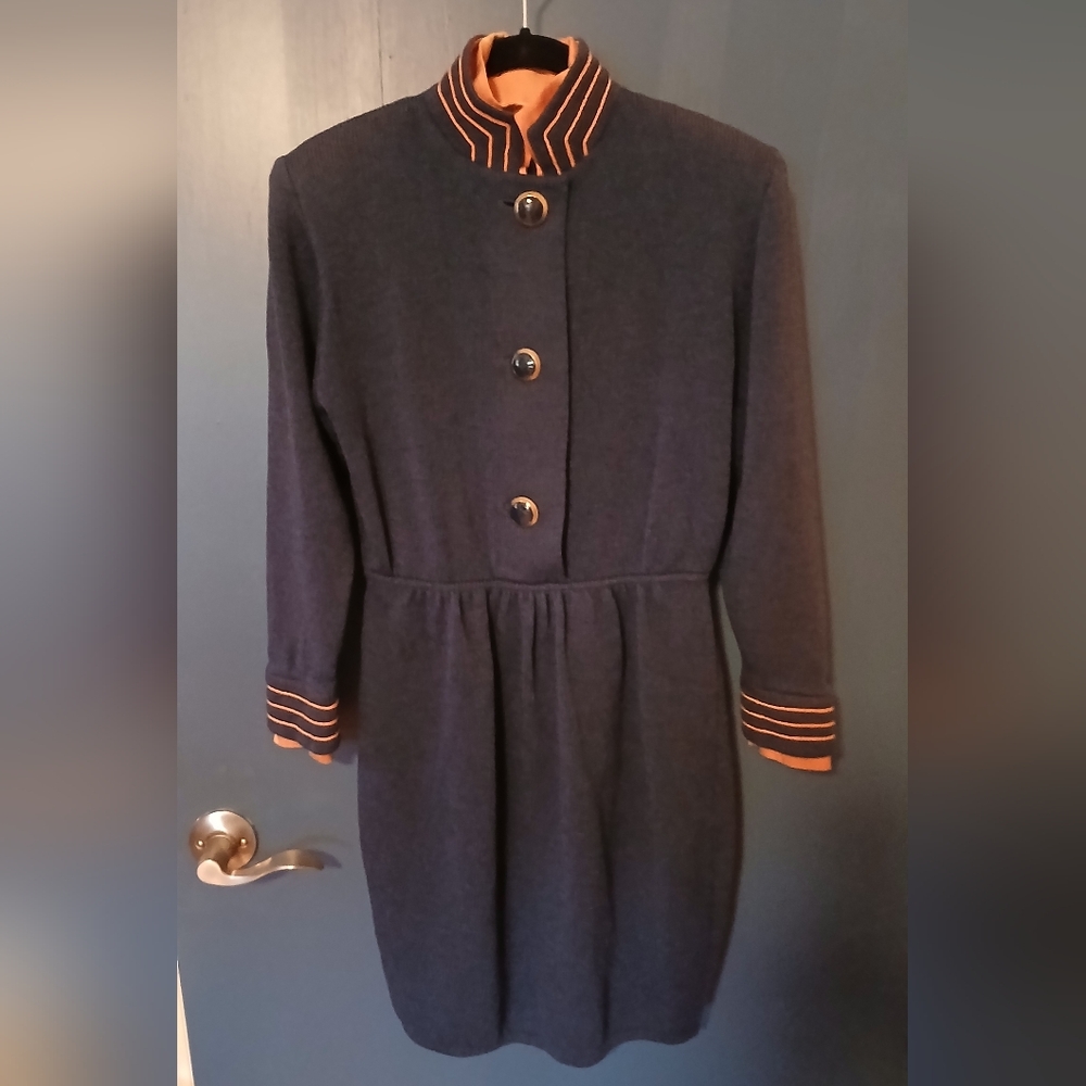 Vintage St. John Marie Gray Santana Knit Navy Dress with Gold Button Accents